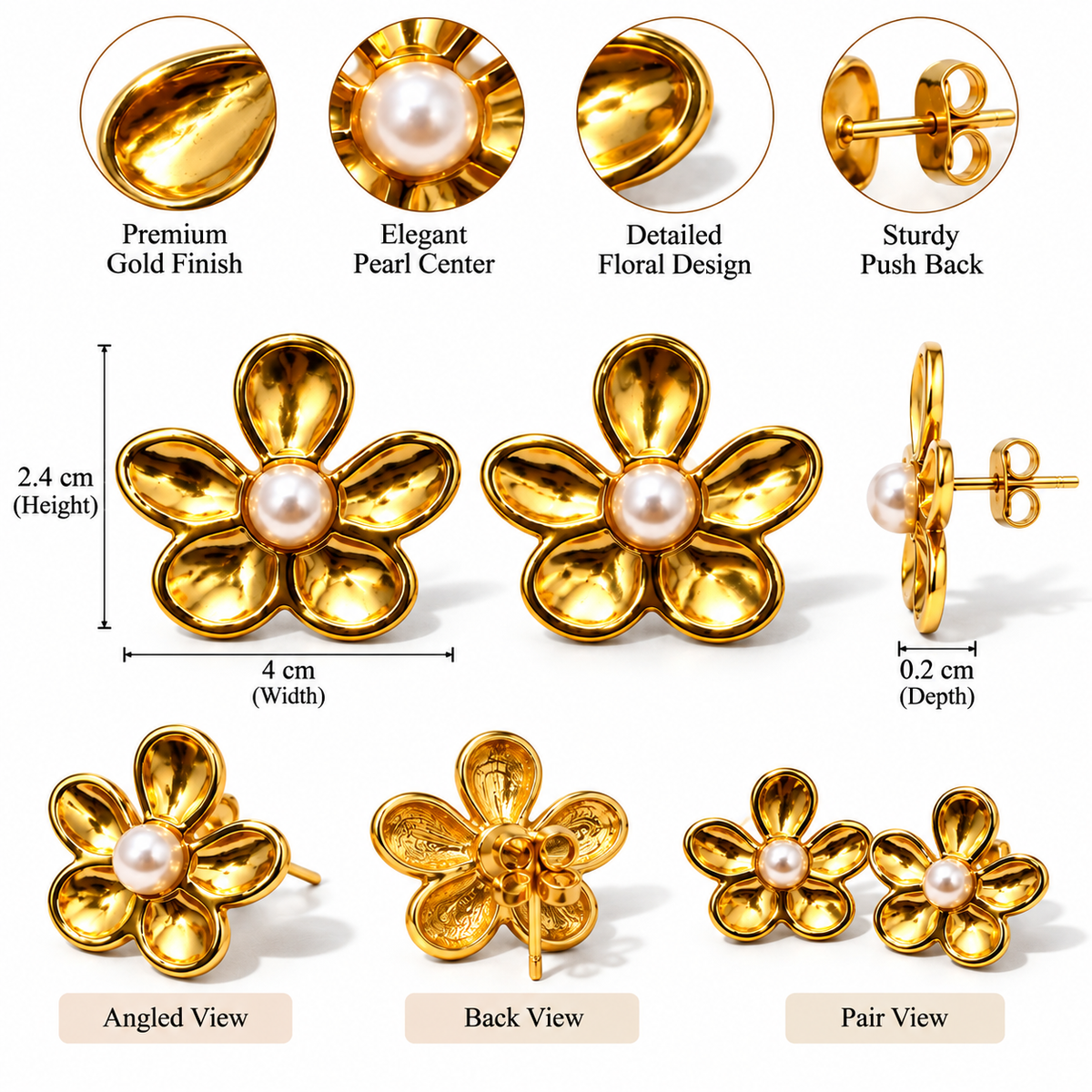 Anti Tarnish Gold Flower Stud Earrings with Pearl | Floral Earrings for Women
