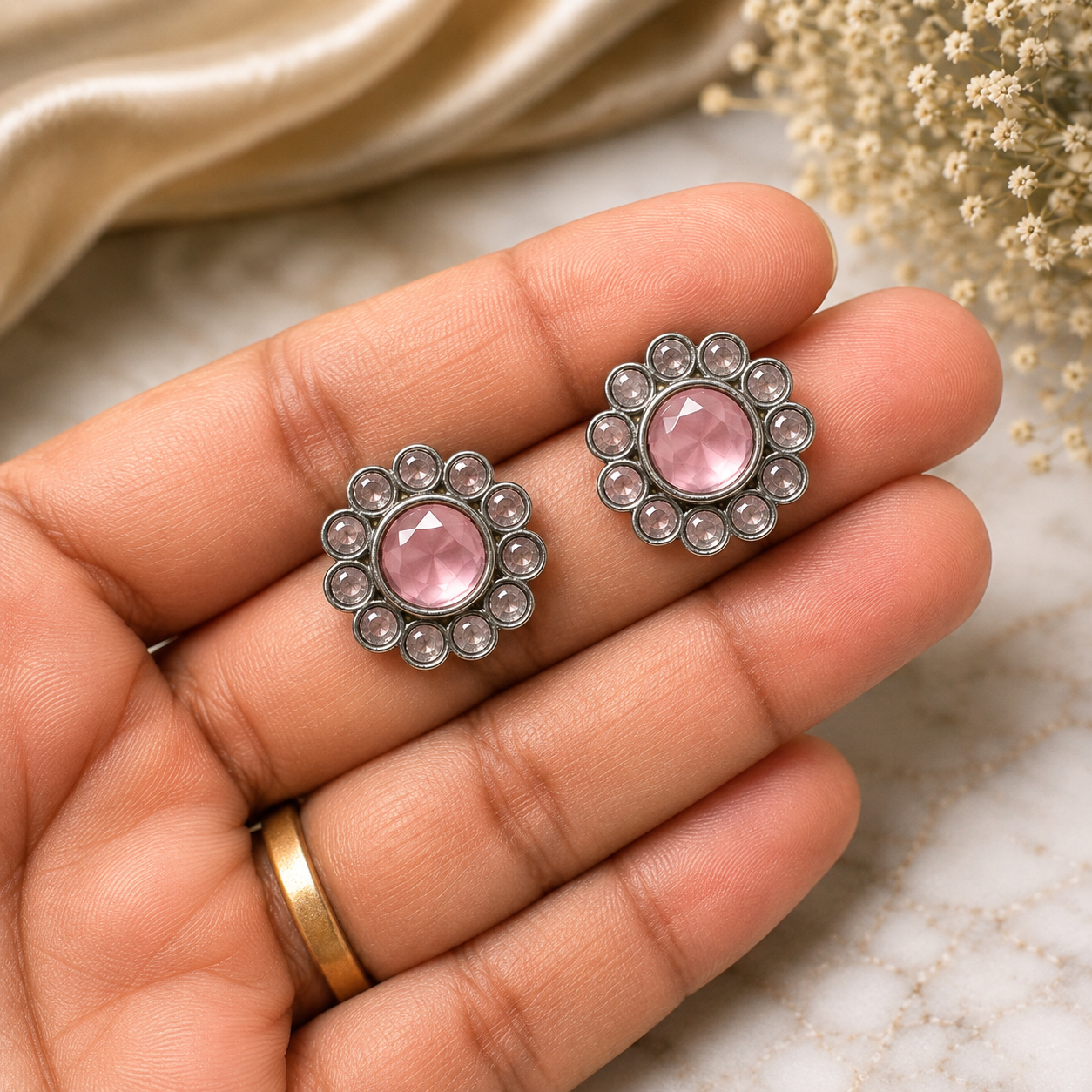 Pink Onyx Bloom Studs