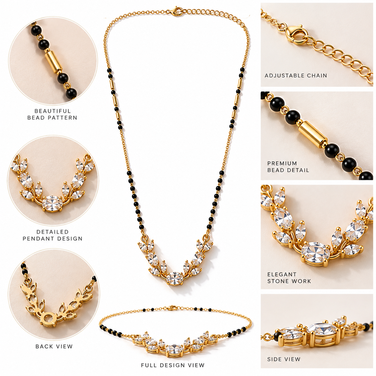 Elegant Floral CZ Mangalsutra Necklace | Gold & Black Beads