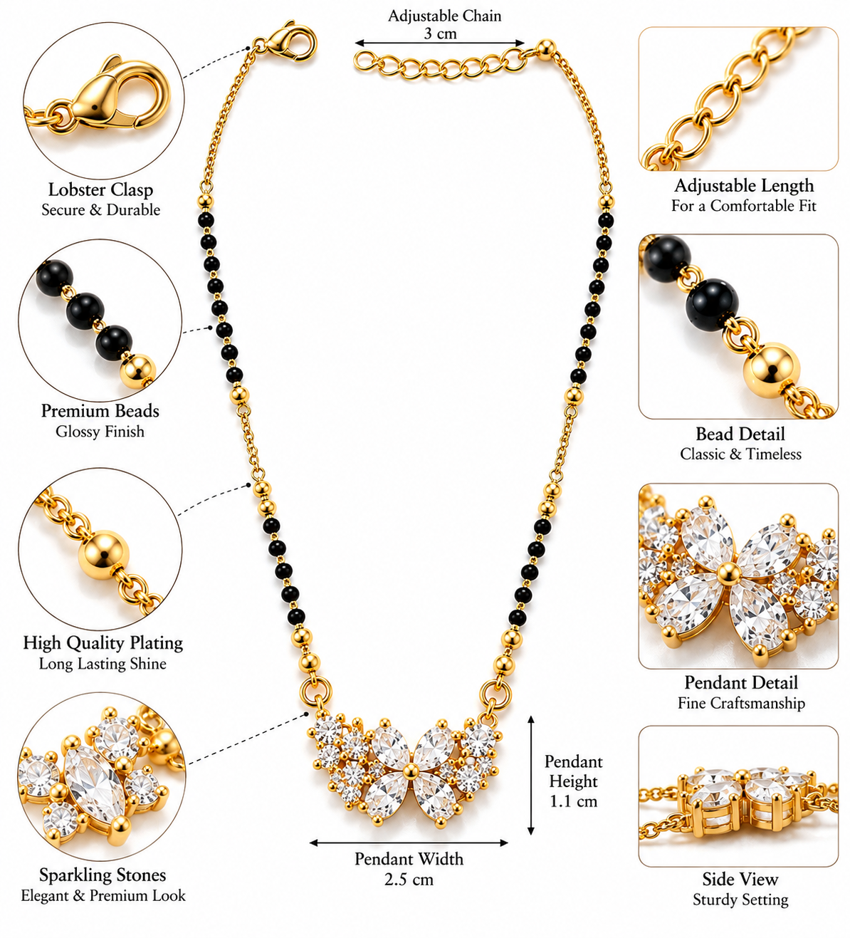 Elegant Butterfly Crystal Mangalsutra – Gold & Black Beaded Necklace