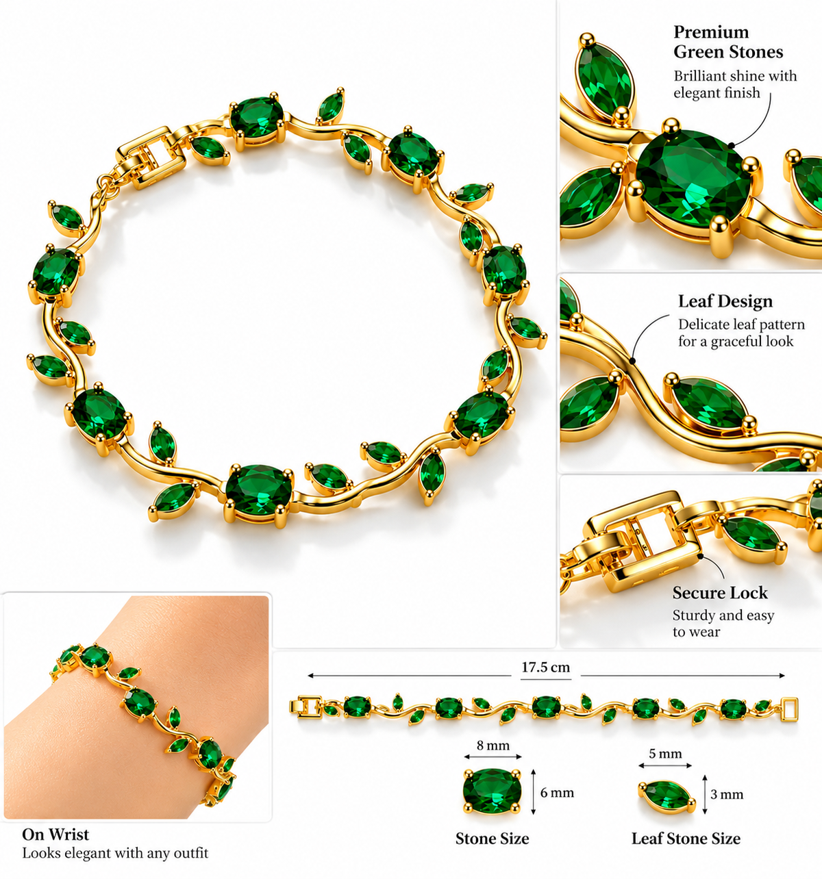 Emerald Green Tulip Vine Bracelet | Gold-Plated Floral Bracelet for Women