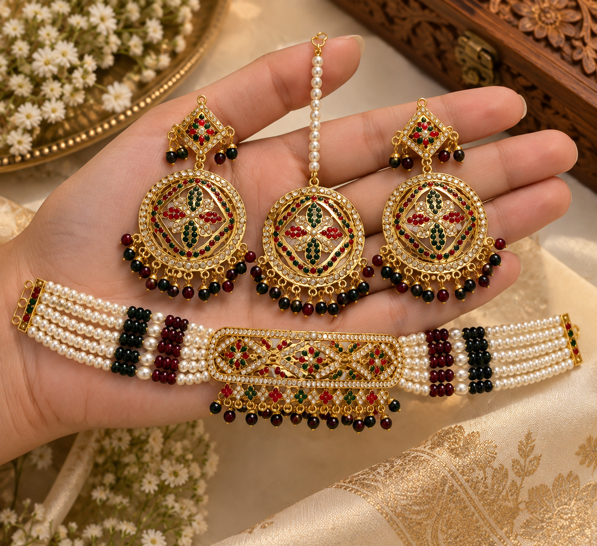 Hyderabadi Jadau Pearl Choker Set with Earrings & Round Maang Tikka