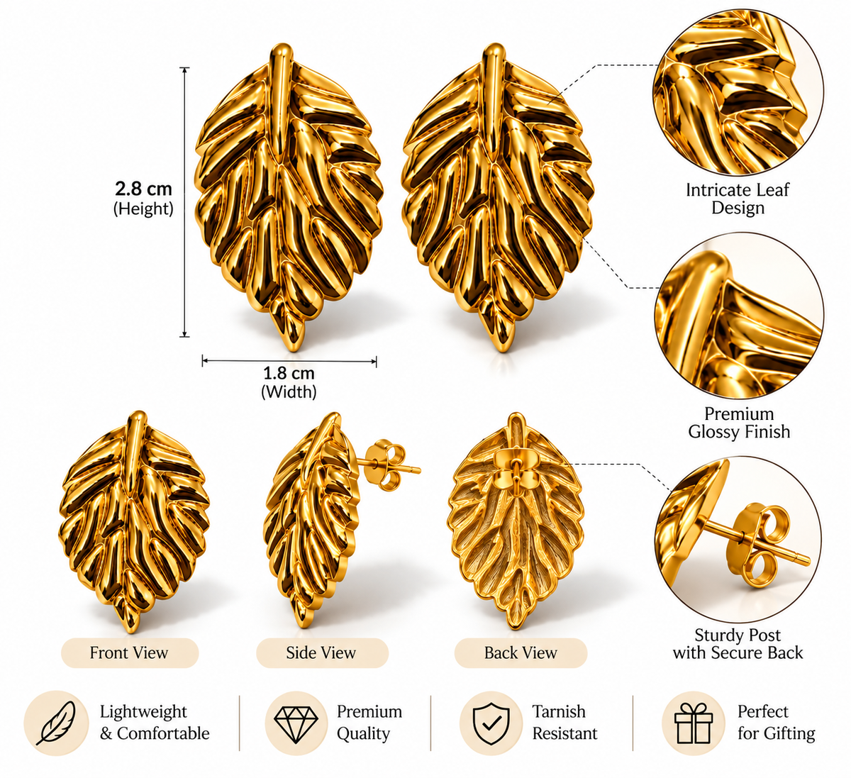 Anti-Tarnish Leaf Earrings for Women | Gold Finish Statement Earrings