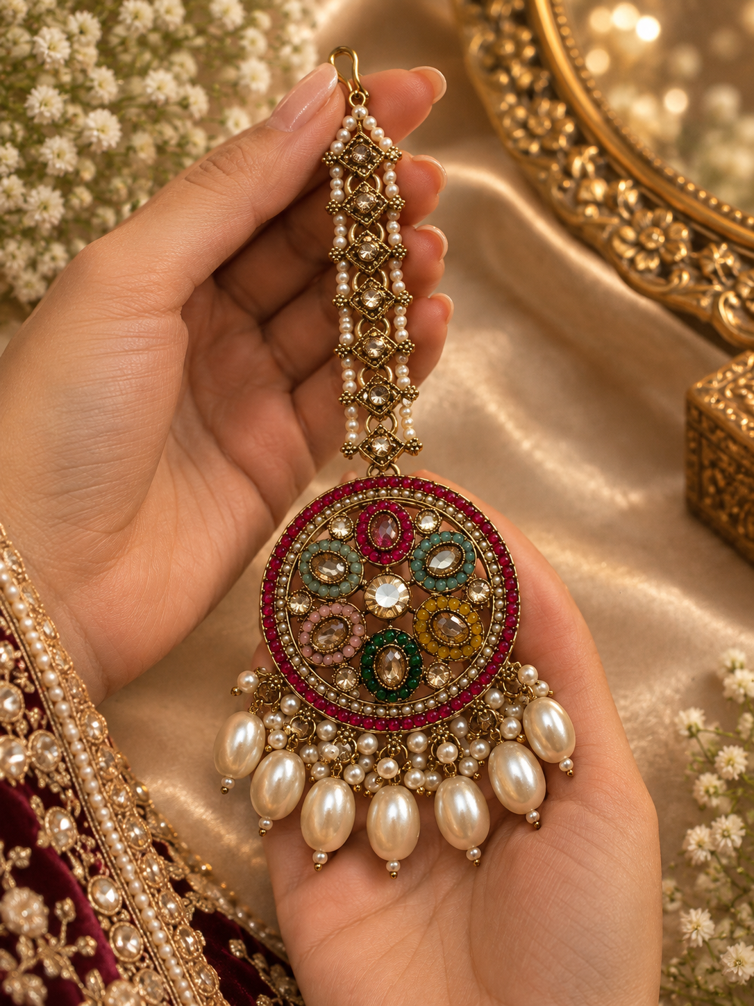 Multicolor Meenakari Pearl Statement Maang Tikka