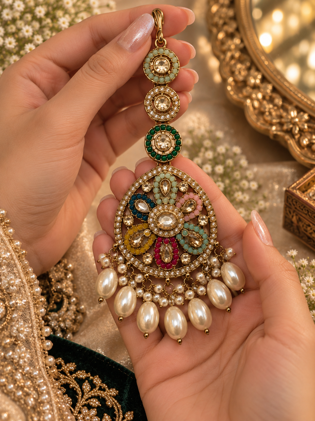 Multicolor Kundan Pearl Bridal Maang Tikka