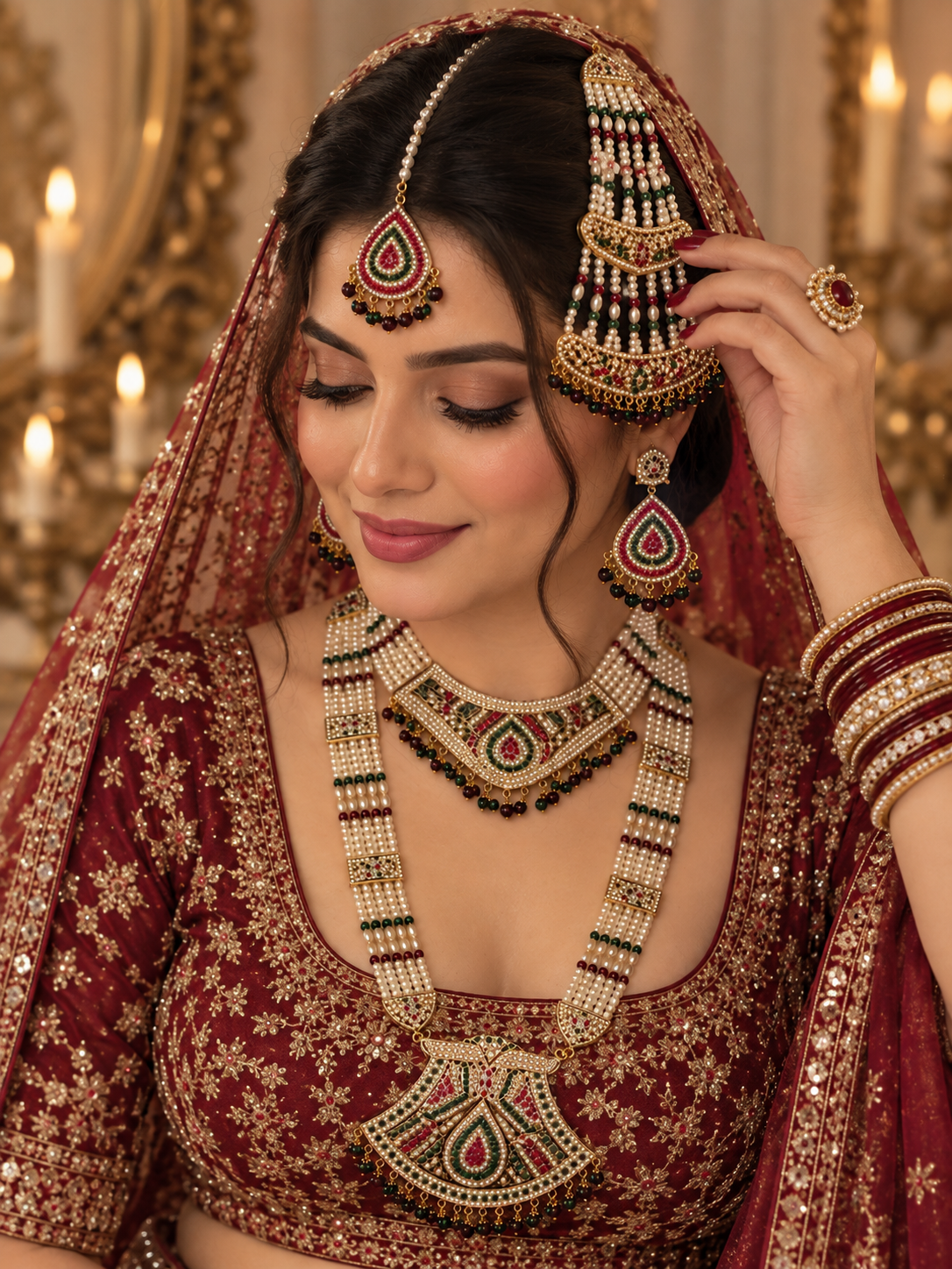 Hyderabadi Jadau Bridal Jewellery Set with Pearl Necklace, Jhumkas, Maang Tikka & Jhoomar