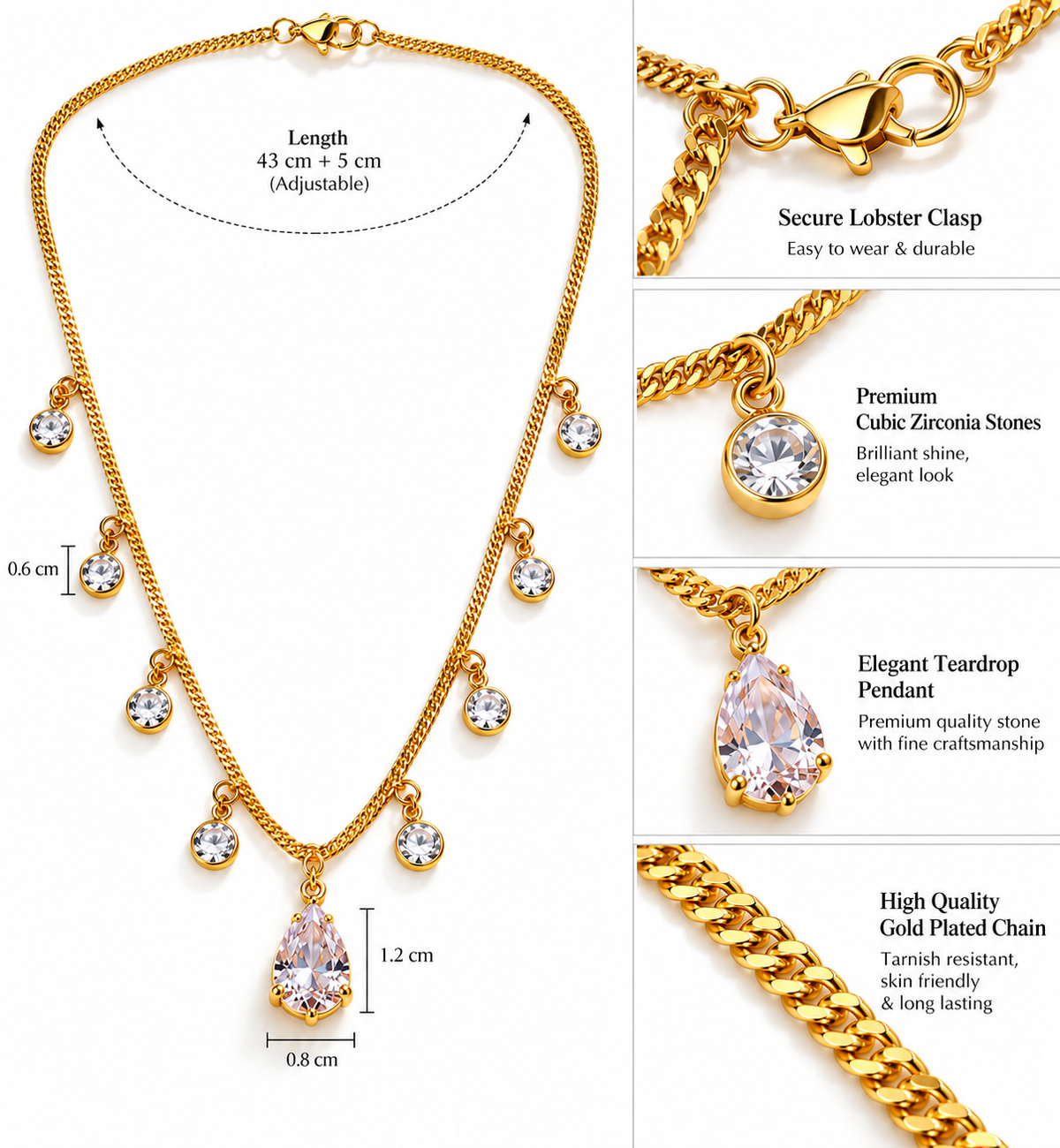 Anti Tarnish Gold Teardrop Pendant Necklace with CZ Charms