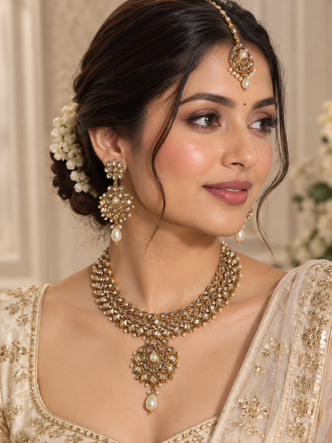 Antique Gold Polki Kundan Pearl Necklace