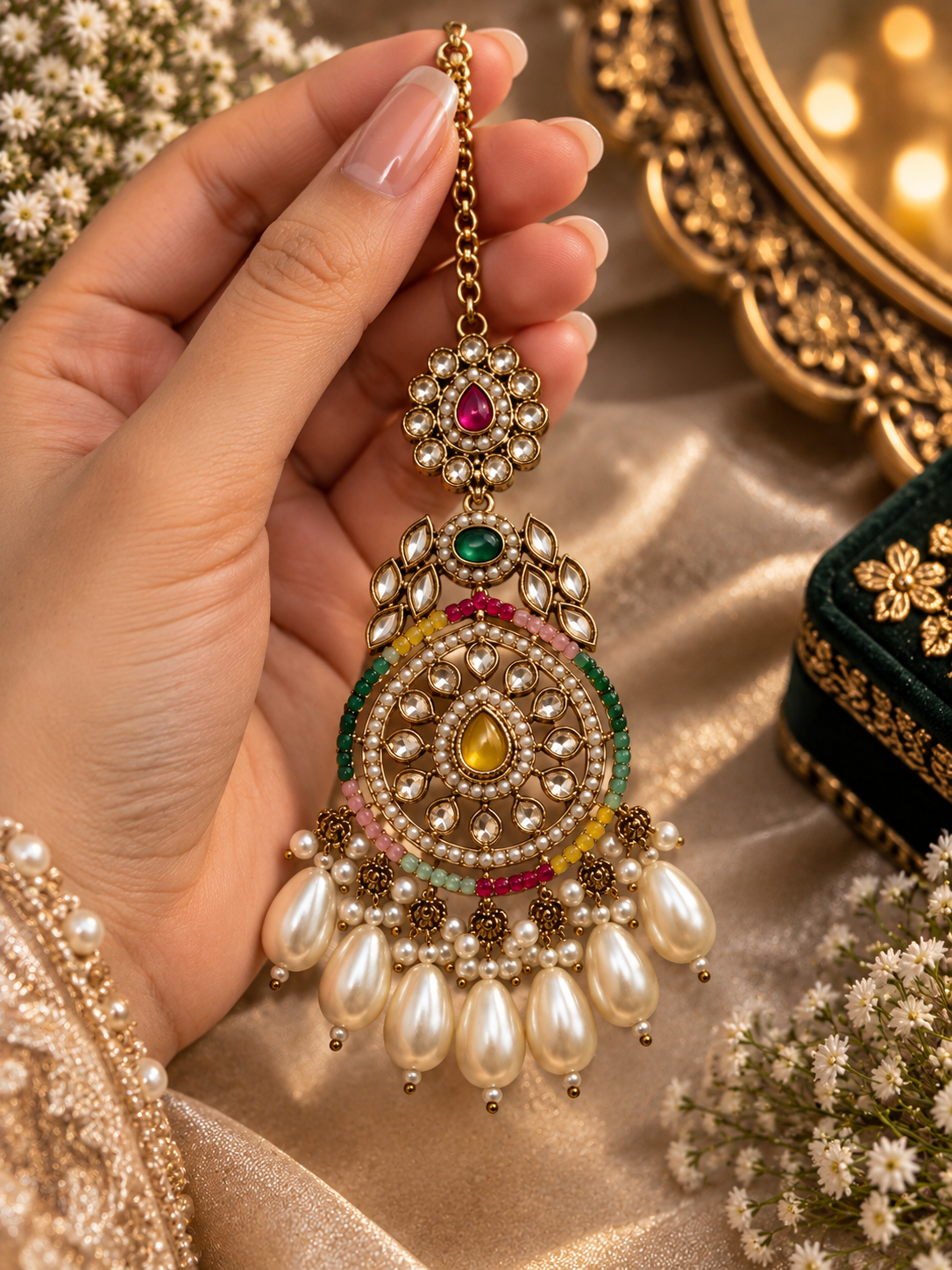 Multicolor Rajasthani Kundan Pearl Maang Tikka