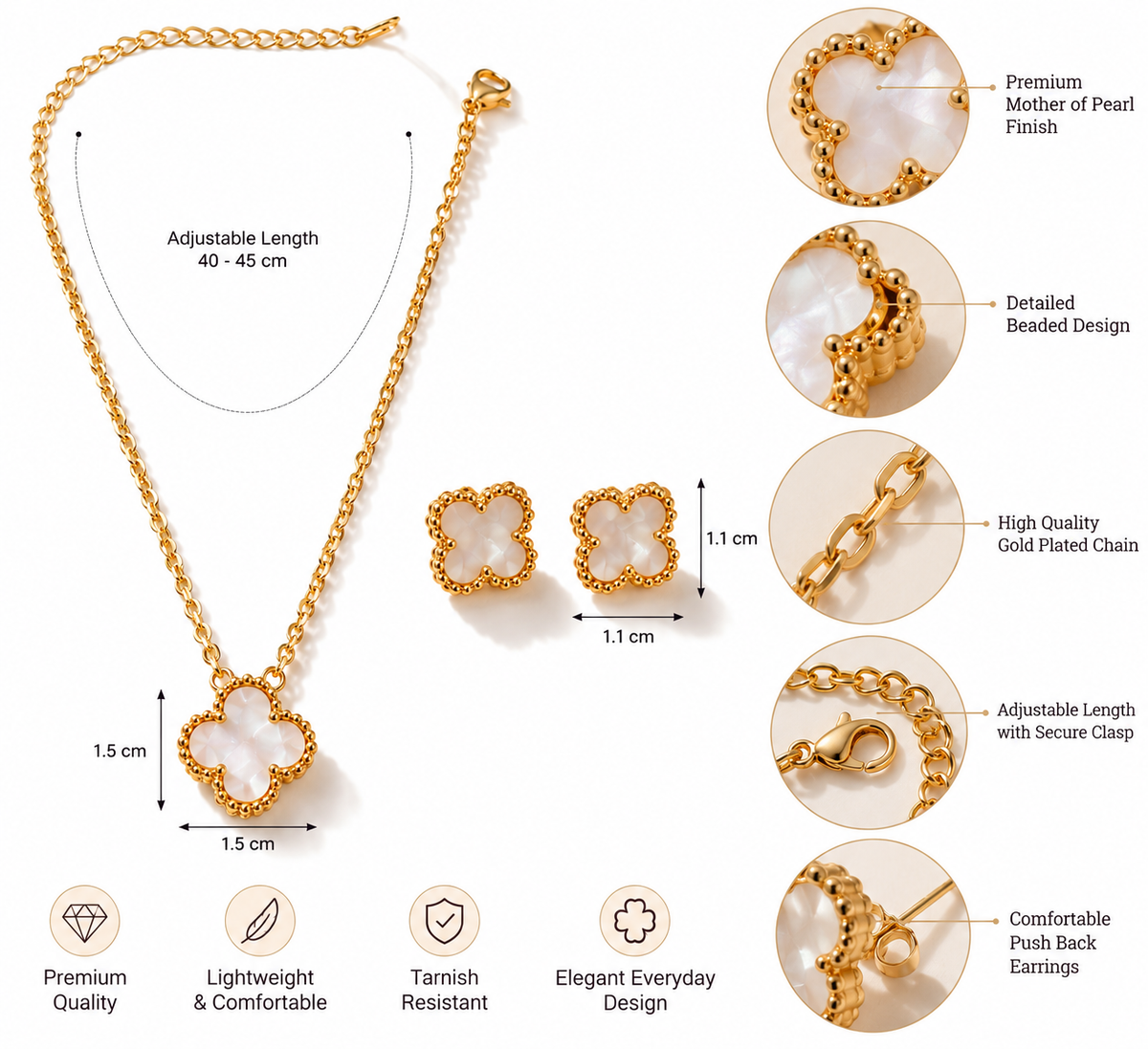 Mother of Pearl Clover Pendant Necklace & Matching Stud Earrings Set | Elegant Gold-Tone Jewelry