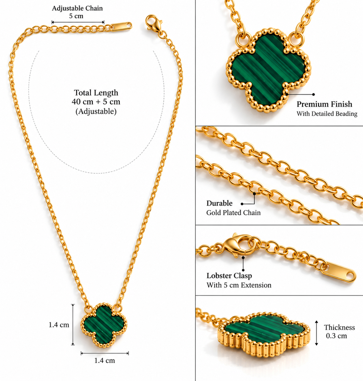 Green Malachite Clover Pendant Necklace for Women | Gold-Plated Quatrefoil Necklace