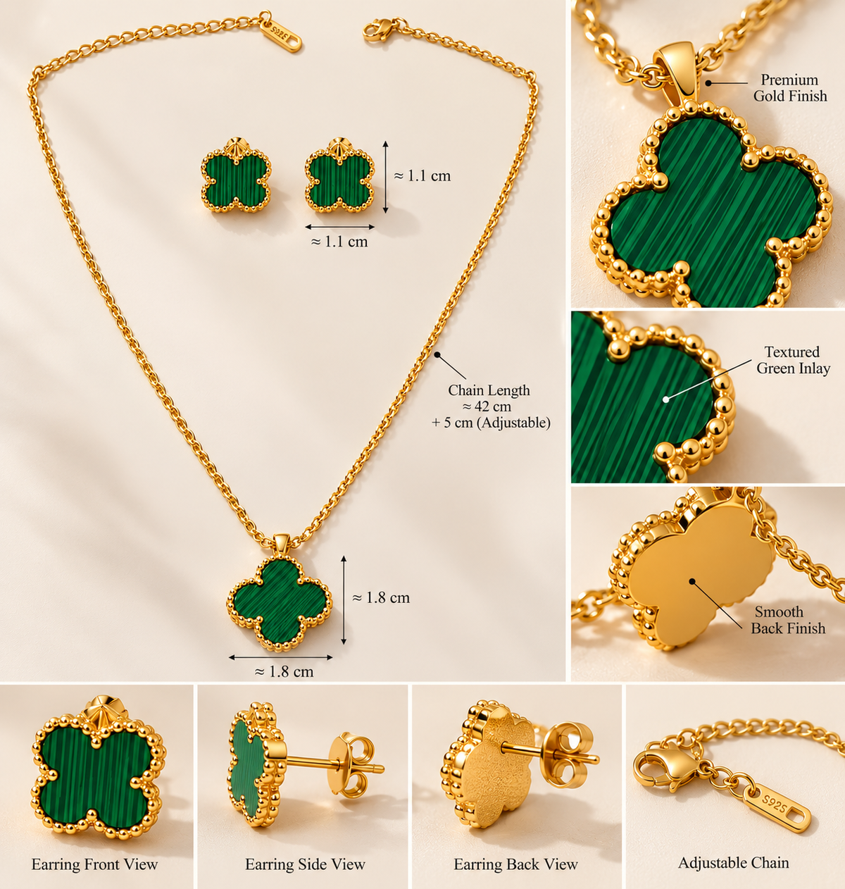 Green Malachite Clover Pendant Necklace & Stud Earrings Set | Gold-Tone Quatrefoil Jewelry