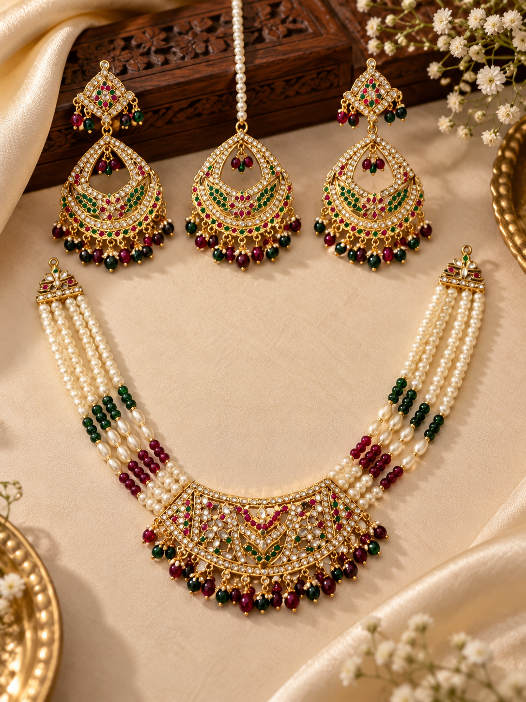 Wishberrie Hyderabadi Jadau Jewellery Set for Women | Traditional Pearl Necklace, Earrings & Maang Tikka | Bridal Wedding & Festive Wear