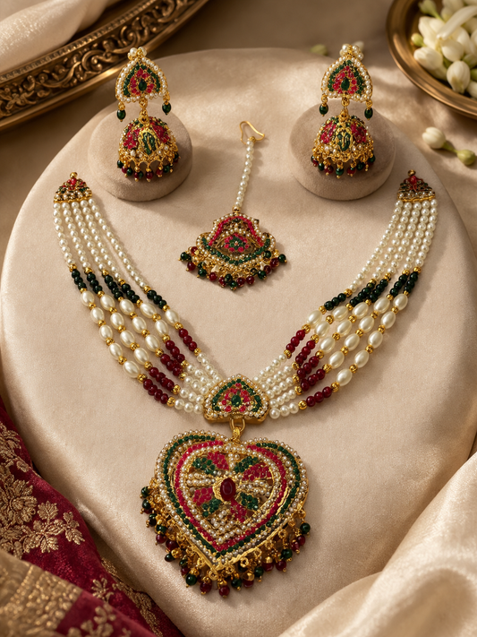 Hyderabadi Jadau Pearl Jewellery Set with Jhumkas & Maang Tikka