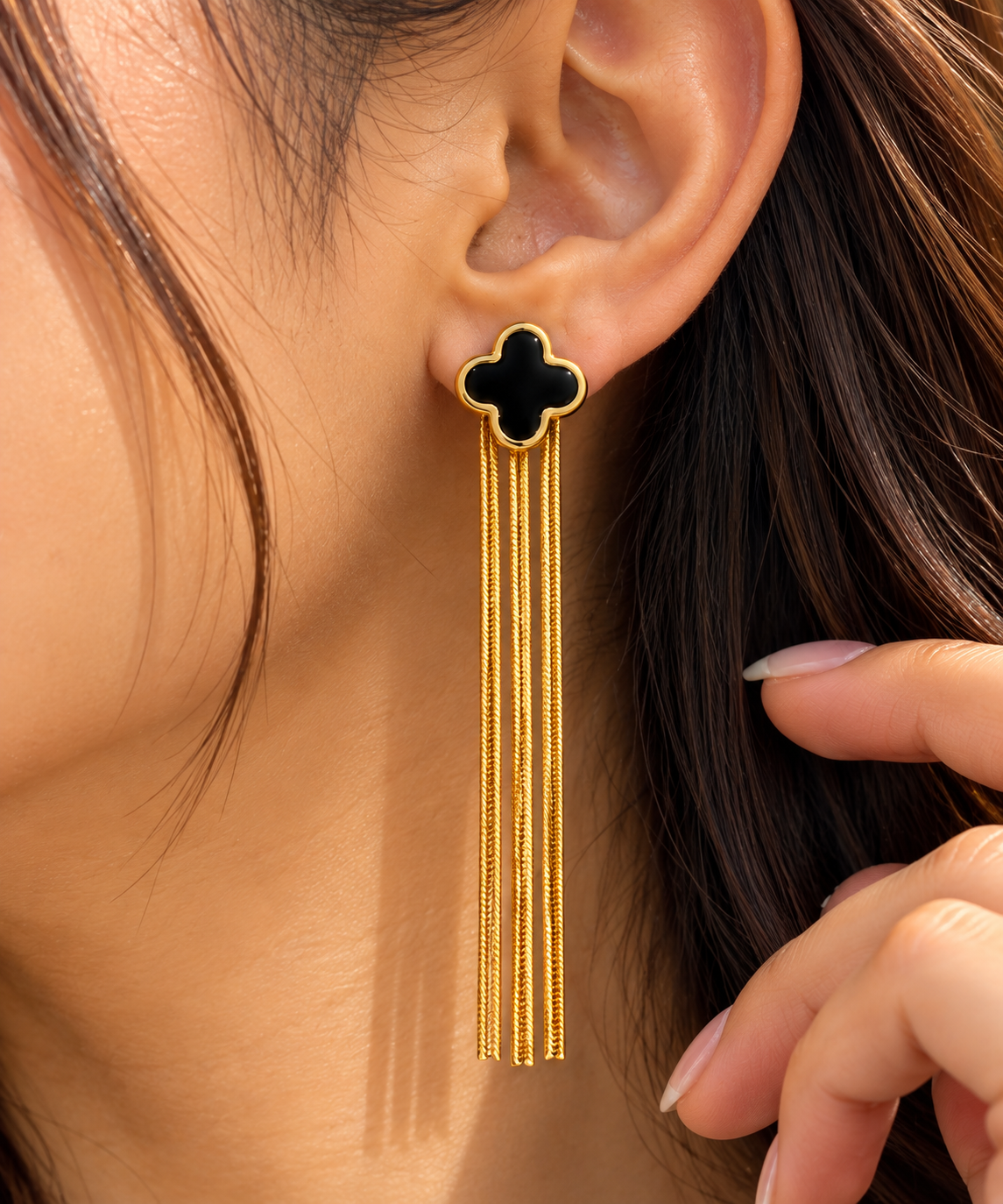 Anti-Tarnish Black Clover Chain Drop Earrings for Women | Gold Long Tassel Earrings