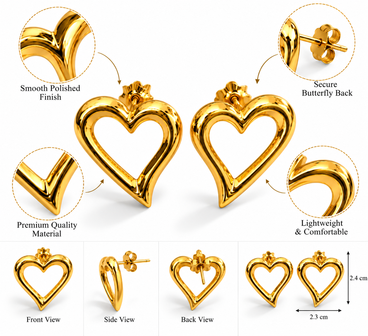 Gold Heart Stud Earrings for Women | Minimalist Love Heart Earrings