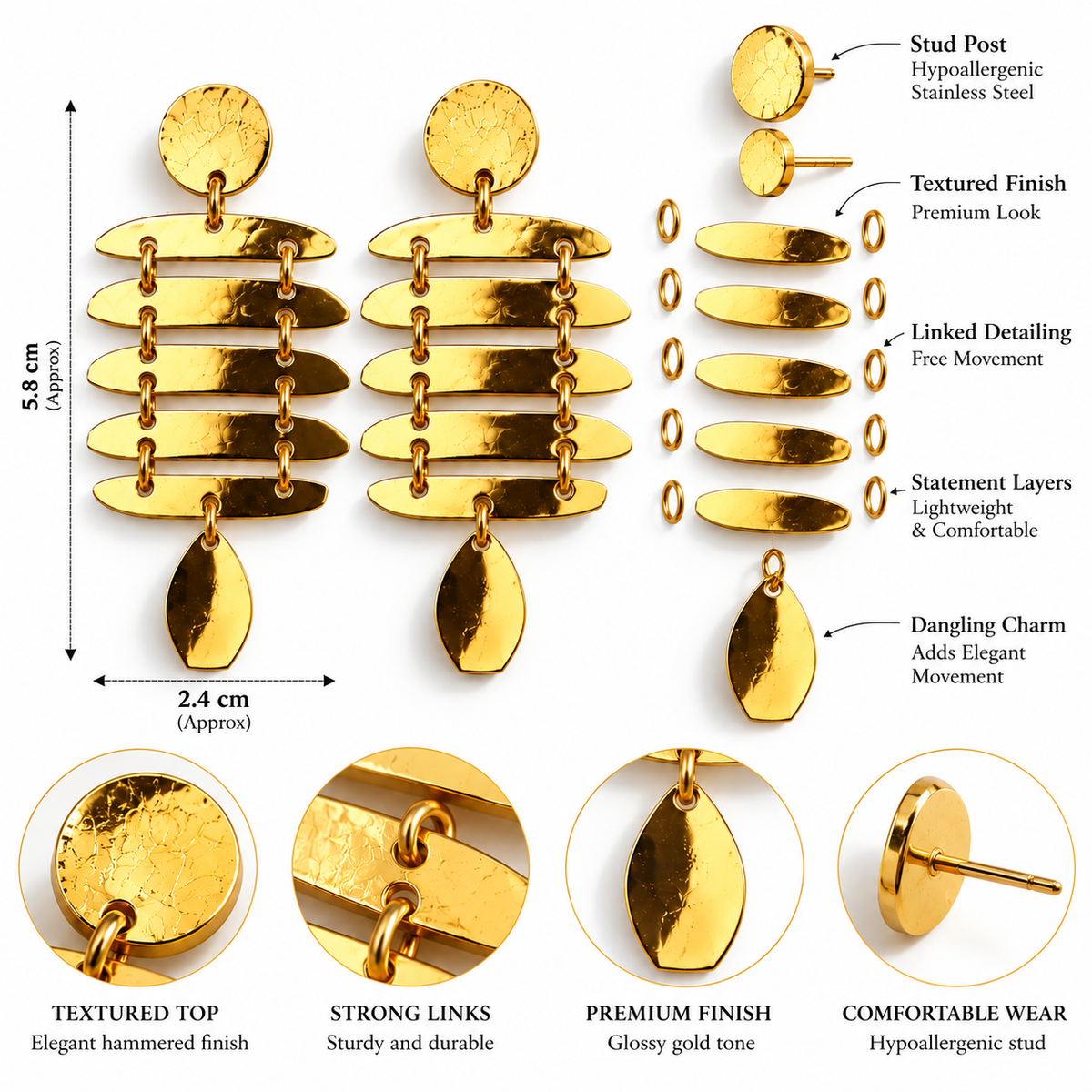 Wishberrie Aurelia Anti Tarnish Gold Statement Earrings for Women | Geometric Drop Earrings