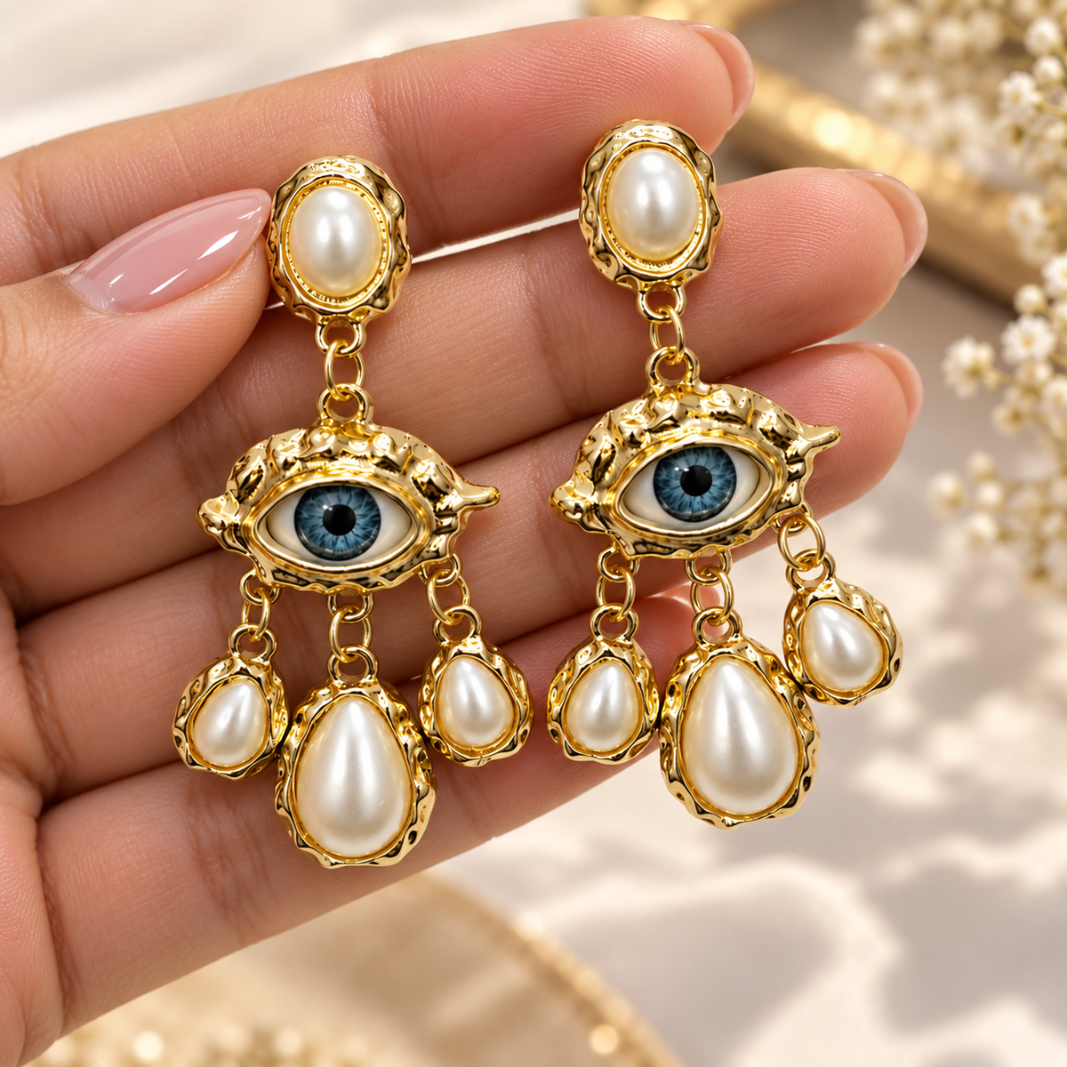 Gold Evil Eye Pearl Drop Earrings for Women | Statement Dangle Earrings