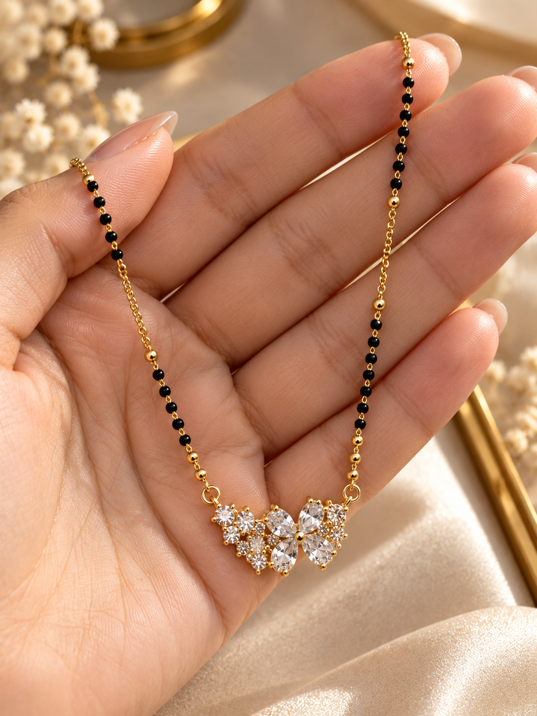 Elegant Butterfly Crystal Mangalsutra – Gold & Black Beaded Necklace