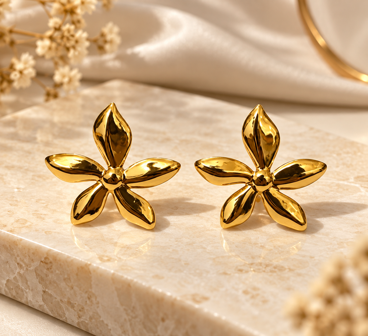 Golden Petal Stud Earrings | Anti Tarnish Floral Jewelry for Women