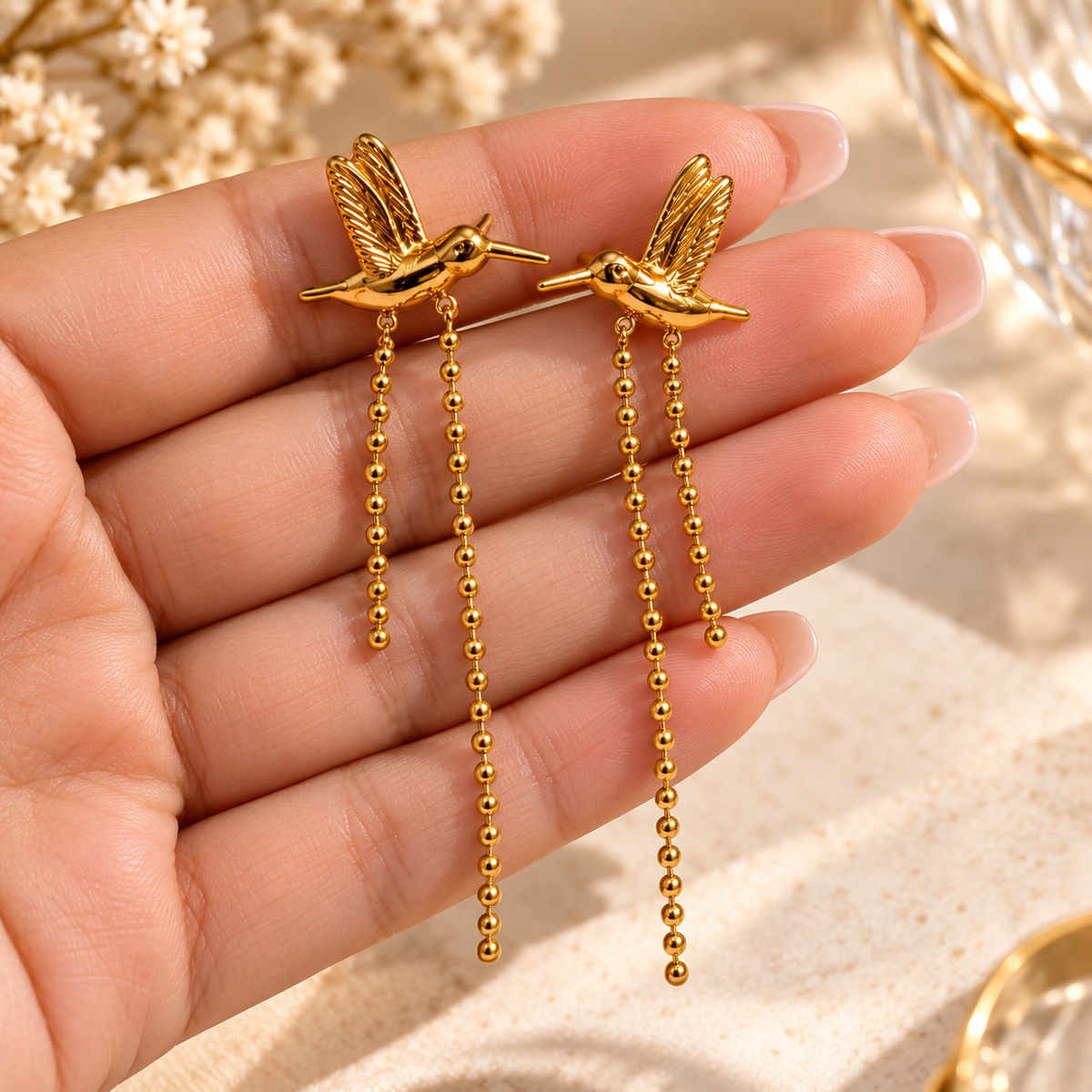 Gold Hummingbird Drop Earrings with Beaded Chain Tassels | Statement Bird Earrings
