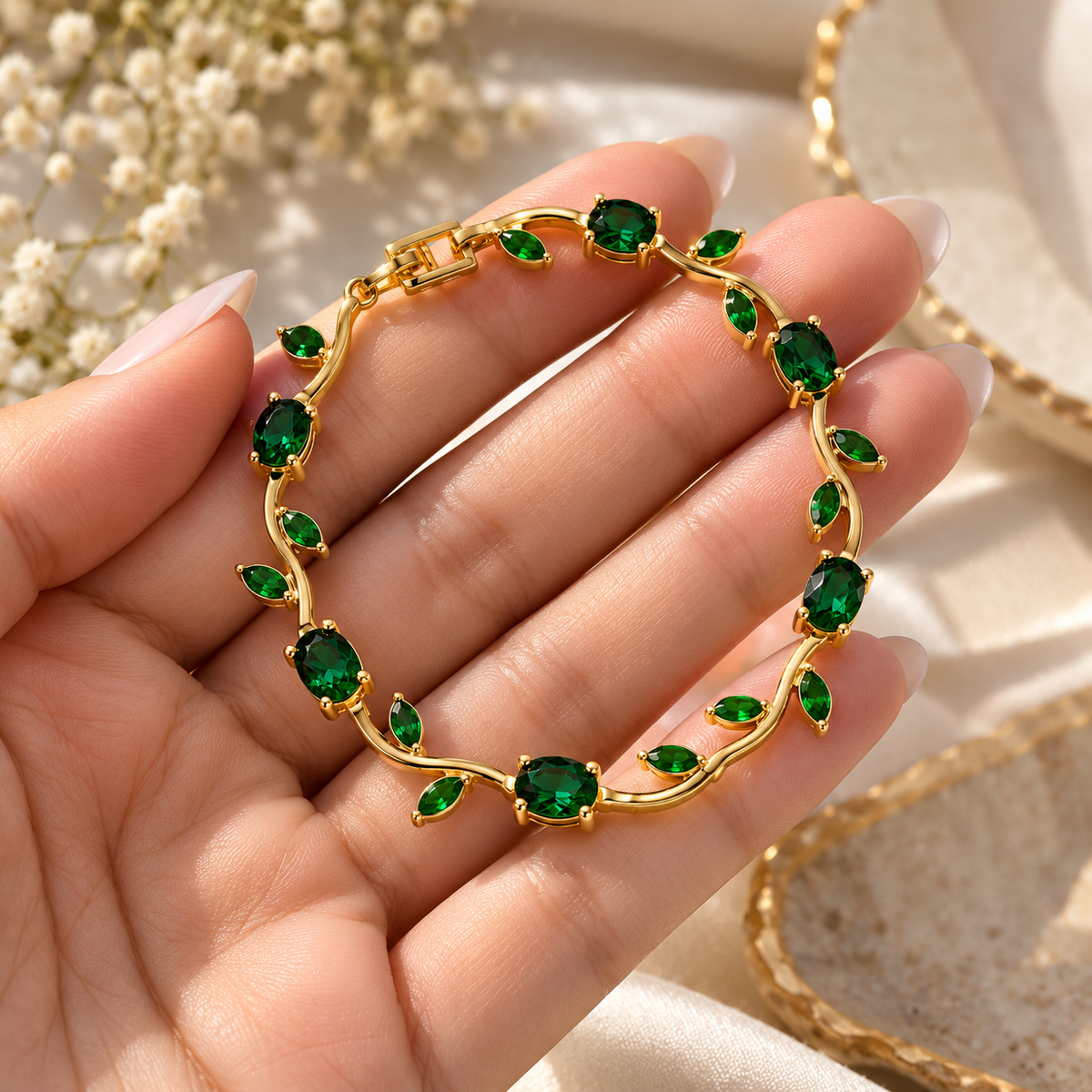 Emerald Green Tulip Vine Bracelet | Gold-Plated Floral Bracelet for Women
