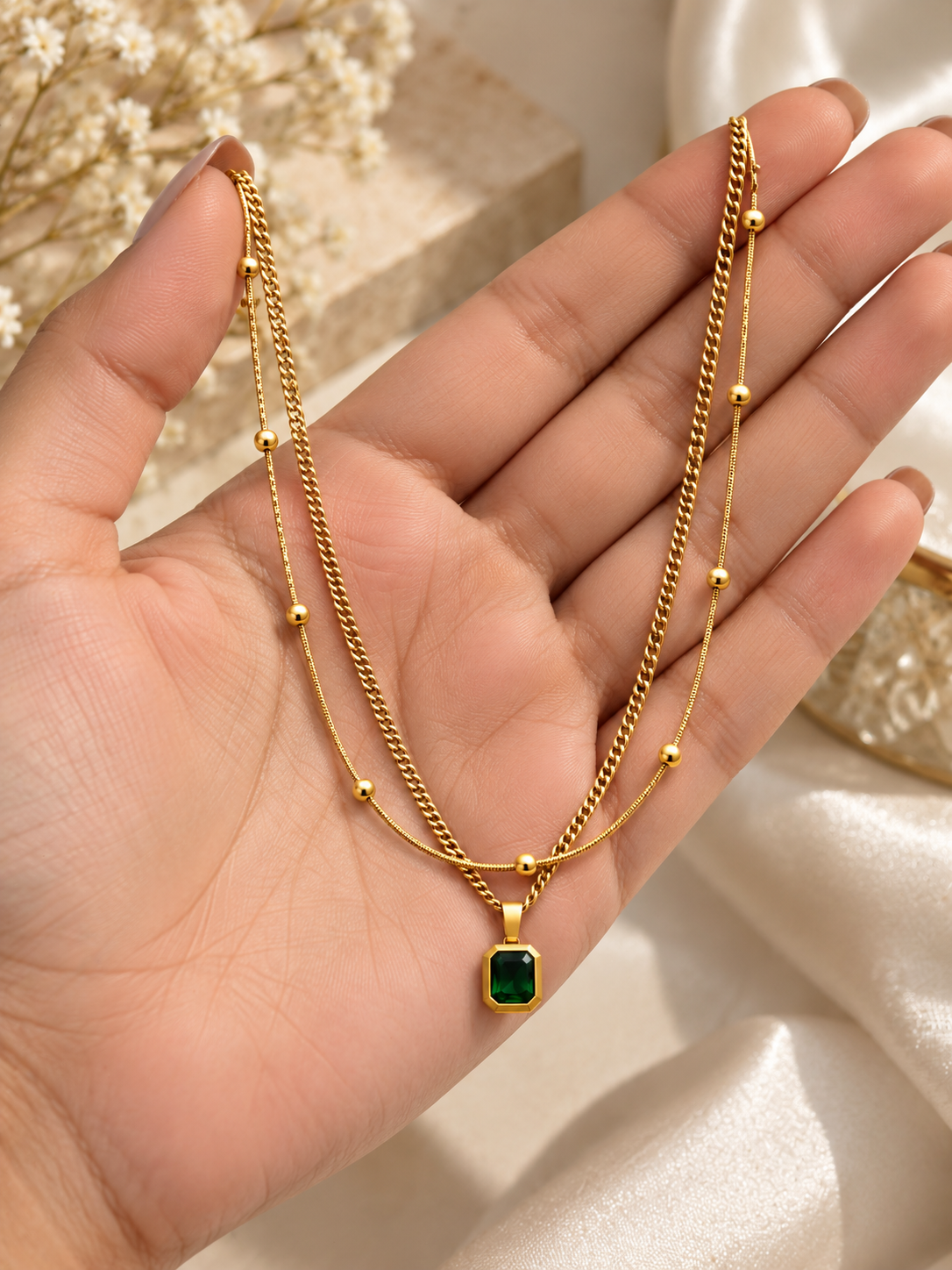 Green Emerald Pendant Necklace for Women | Double Layer Gold-Tone Chain Necklace