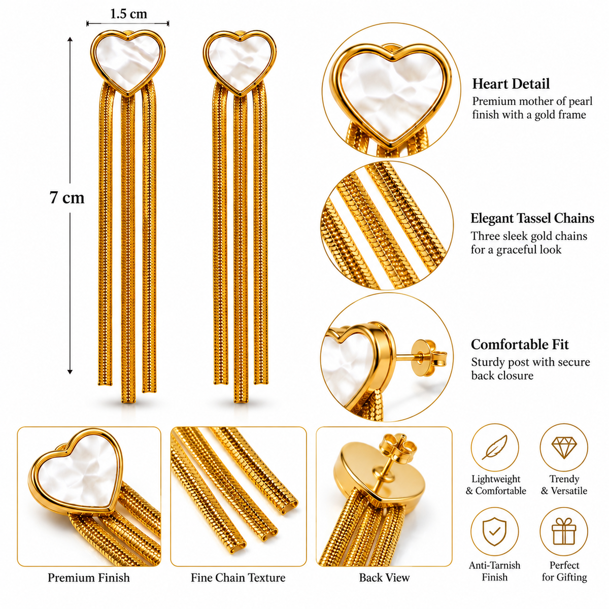 Anti-Tarnish Heart Chain Drop Earrings for Women – Gold Long Tassel Earrings