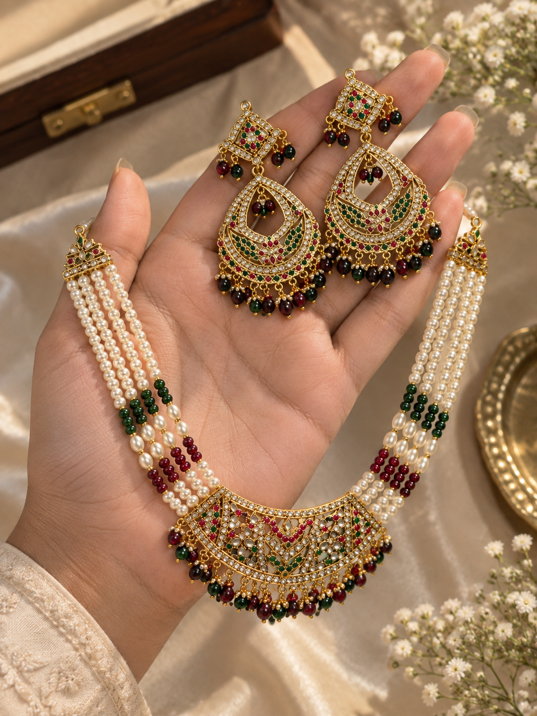 Wishberrie Hyderabadi Jadau Jewellery Set for Women | Traditional Pearl Necklace, Earrings & Maang Tikka | Bridal Wedding & Festive Wear