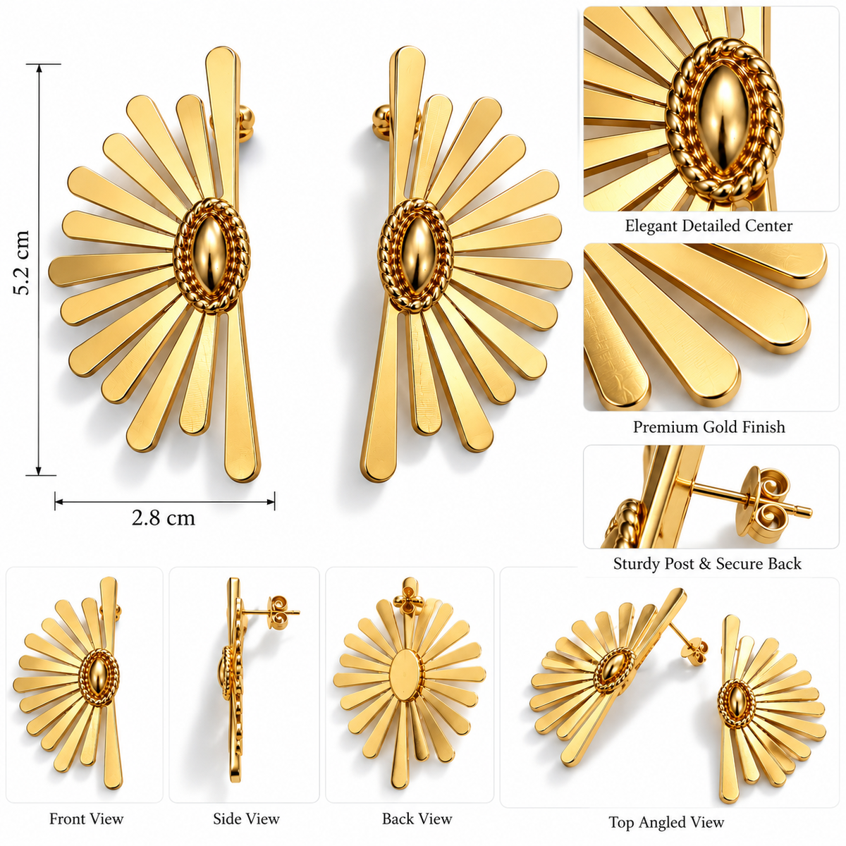 Anti-Tarnish Gold Sunburst Earrings for Women | Statement Fan-Shaped Earrings