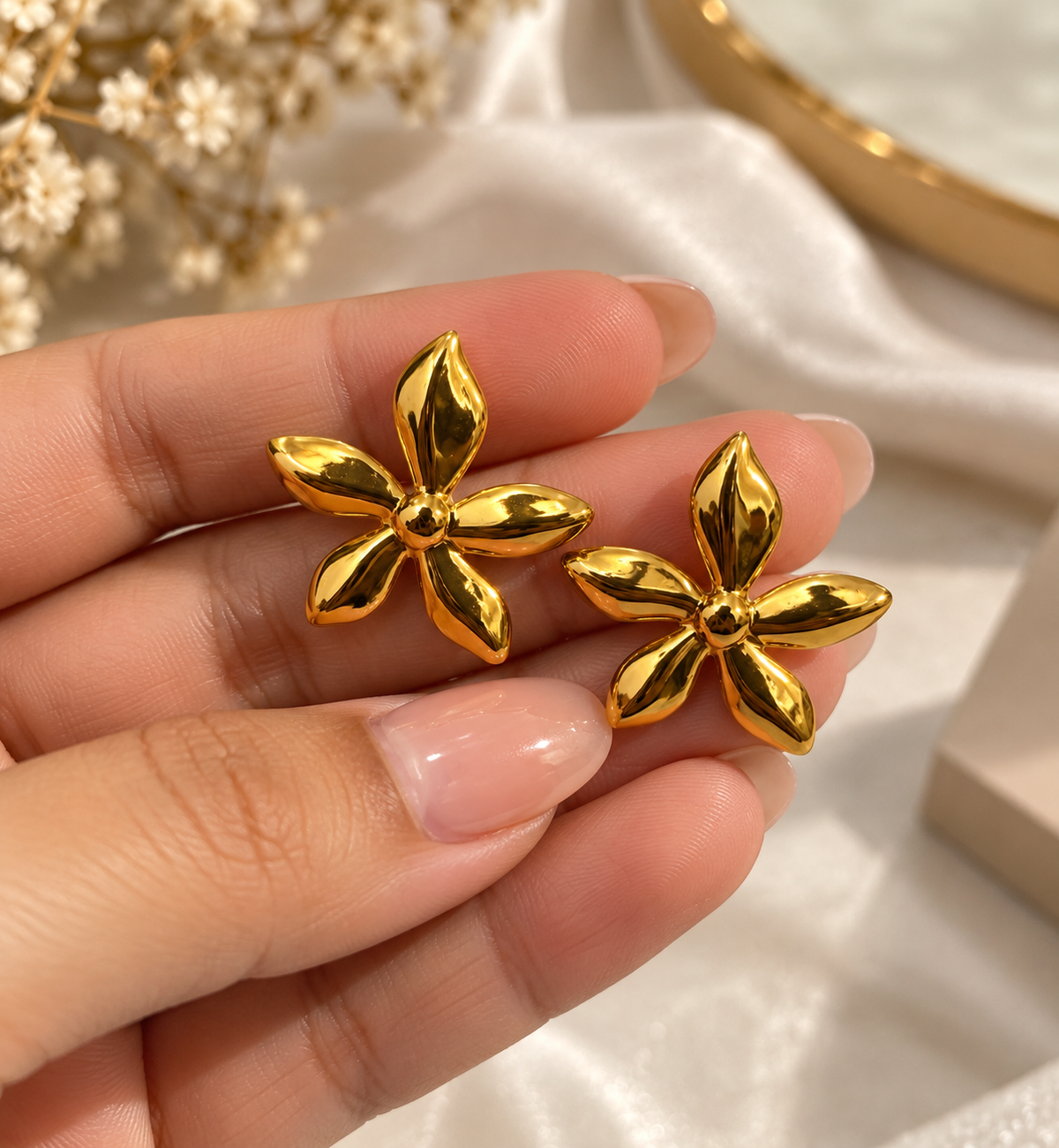 Golden Petal Stud Earrings | Anti Tarnish Floral Jewelry for Women
