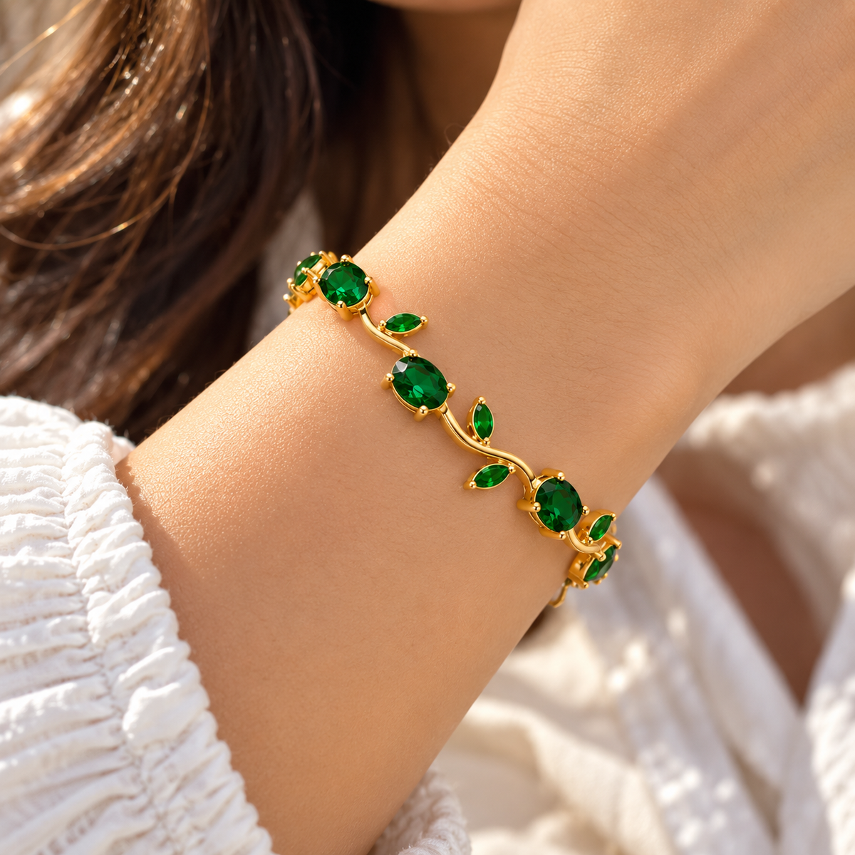 Emerald Green Tulip Vine Bracelet | Gold-Plated Floral Bracelet for Women