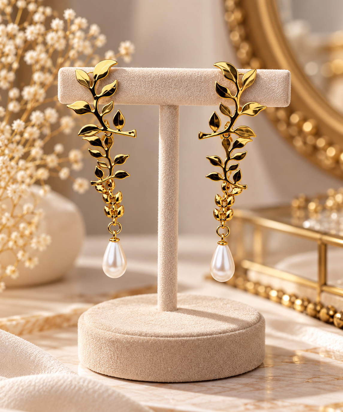 Liora Leaf Pearl Drops | Anti Tarnish Gold Drop Earrings for Women
