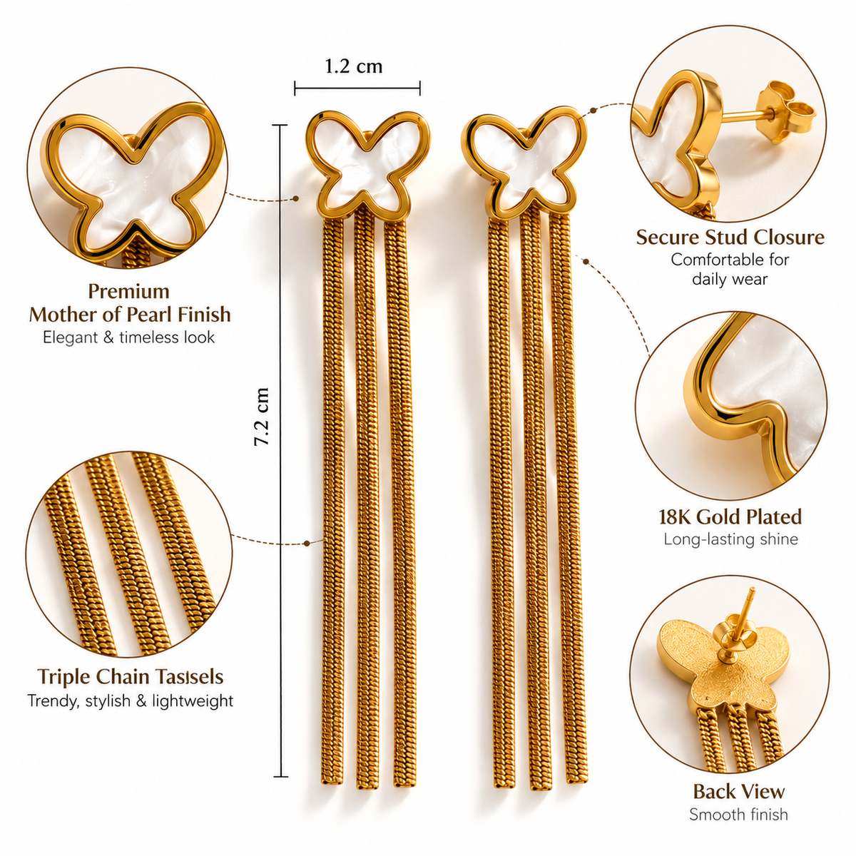Anti Tarnish Butterfly Chain Earrings for Women | Gold Drop Earrings