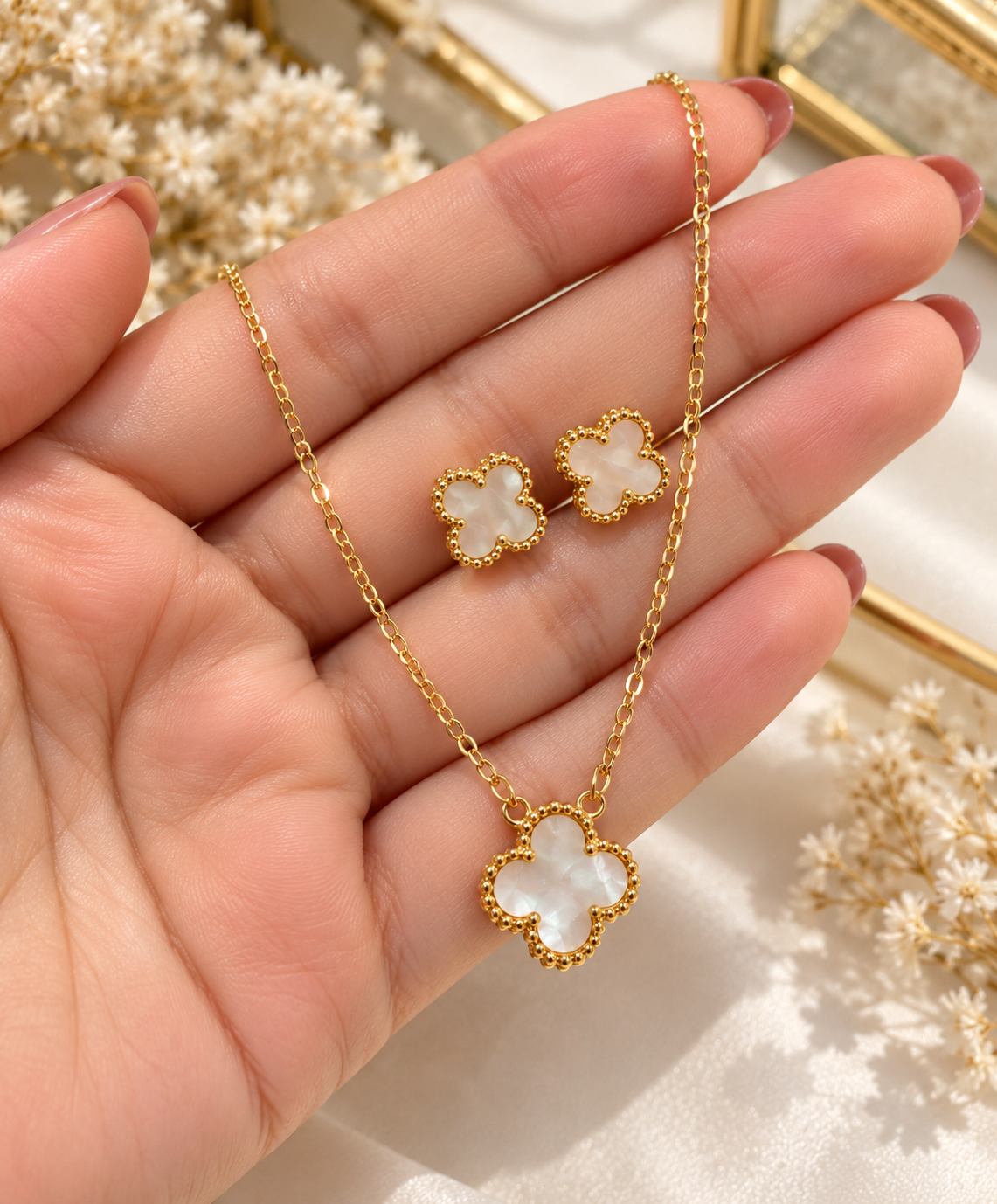 Mother of Pearl Clover Pendant Necklace & Matching Stud Earrings Set | Elegant Gold-Tone Jewelry