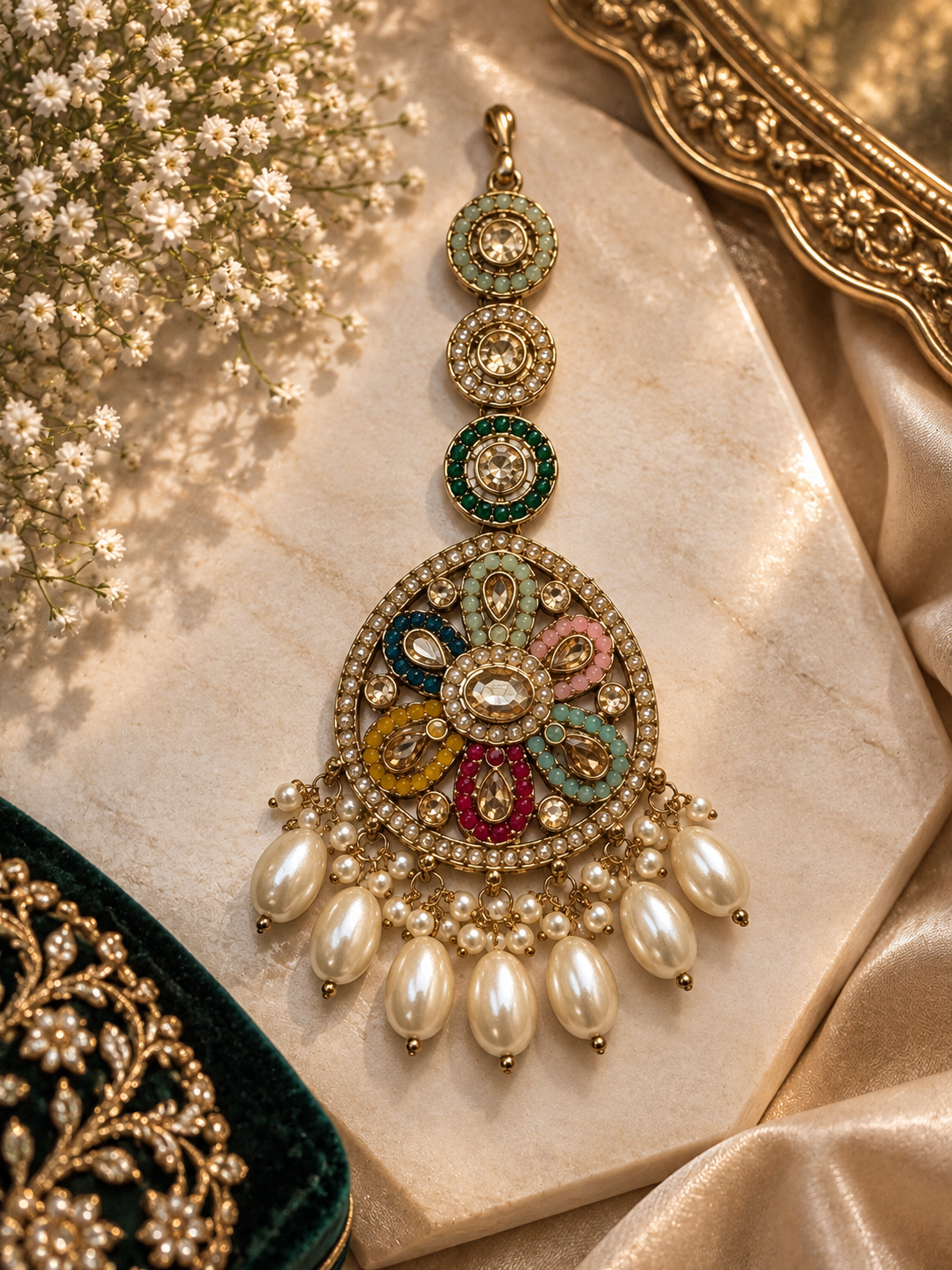 Multicolor Kundan Pearl Bridal Maang Tikka