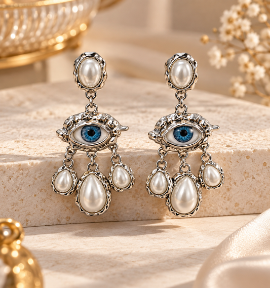 Blue Evil Eye Pearl Earrings for Women | Silver Drop & Chandelier Earrings