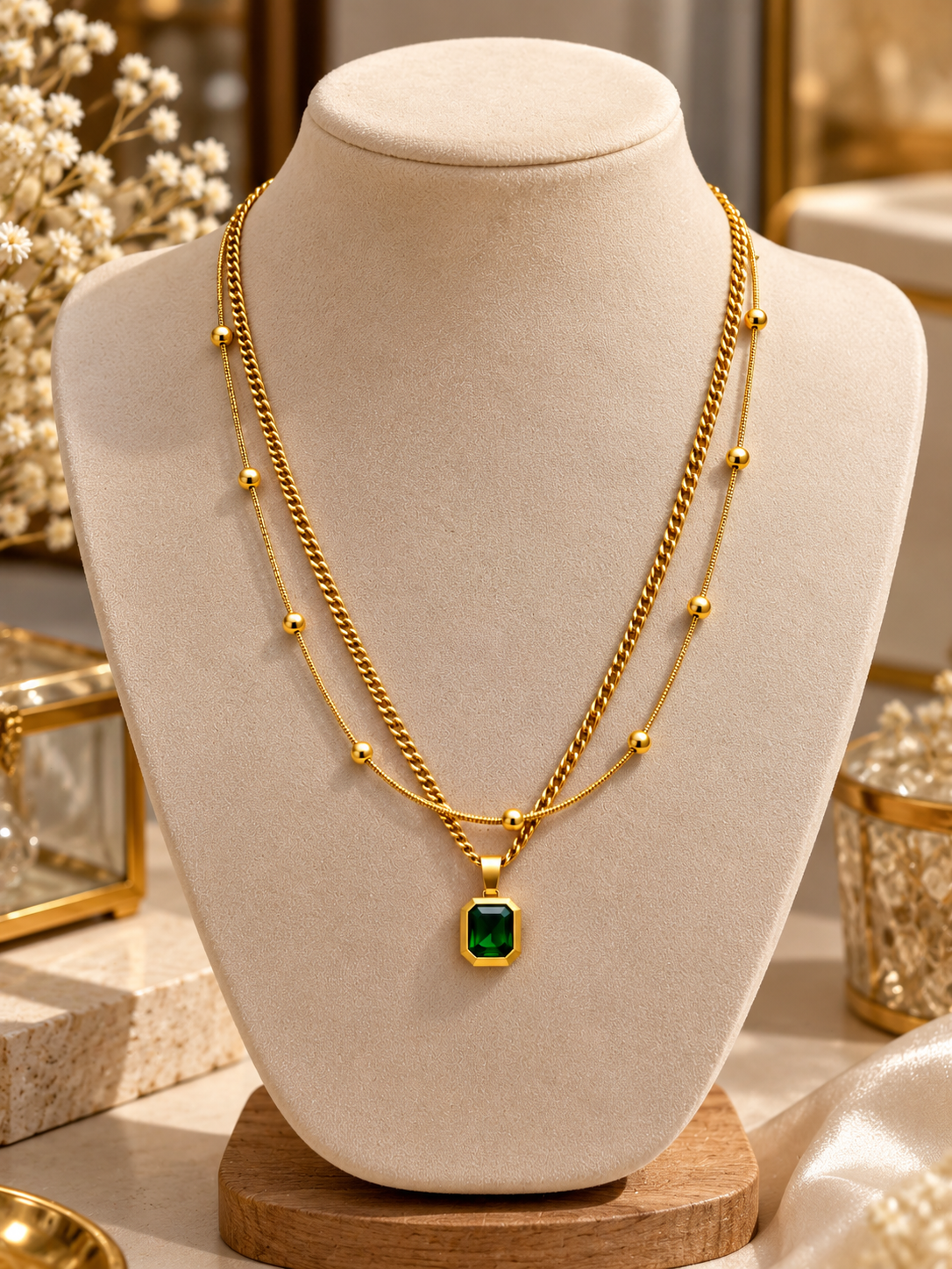 Green Emerald Pendant Necklace for Women | Double Layer Gold-Tone Chain Necklace