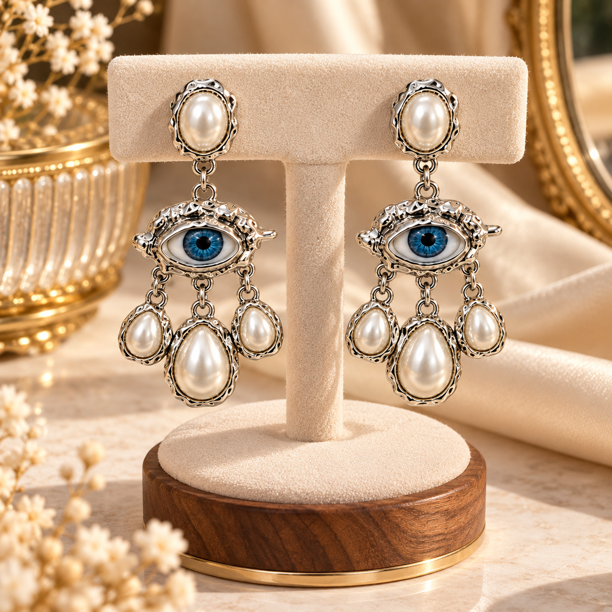 Blue Evil Eye Pearl Earrings for Women | Silver Drop & Chandelier Earrings
