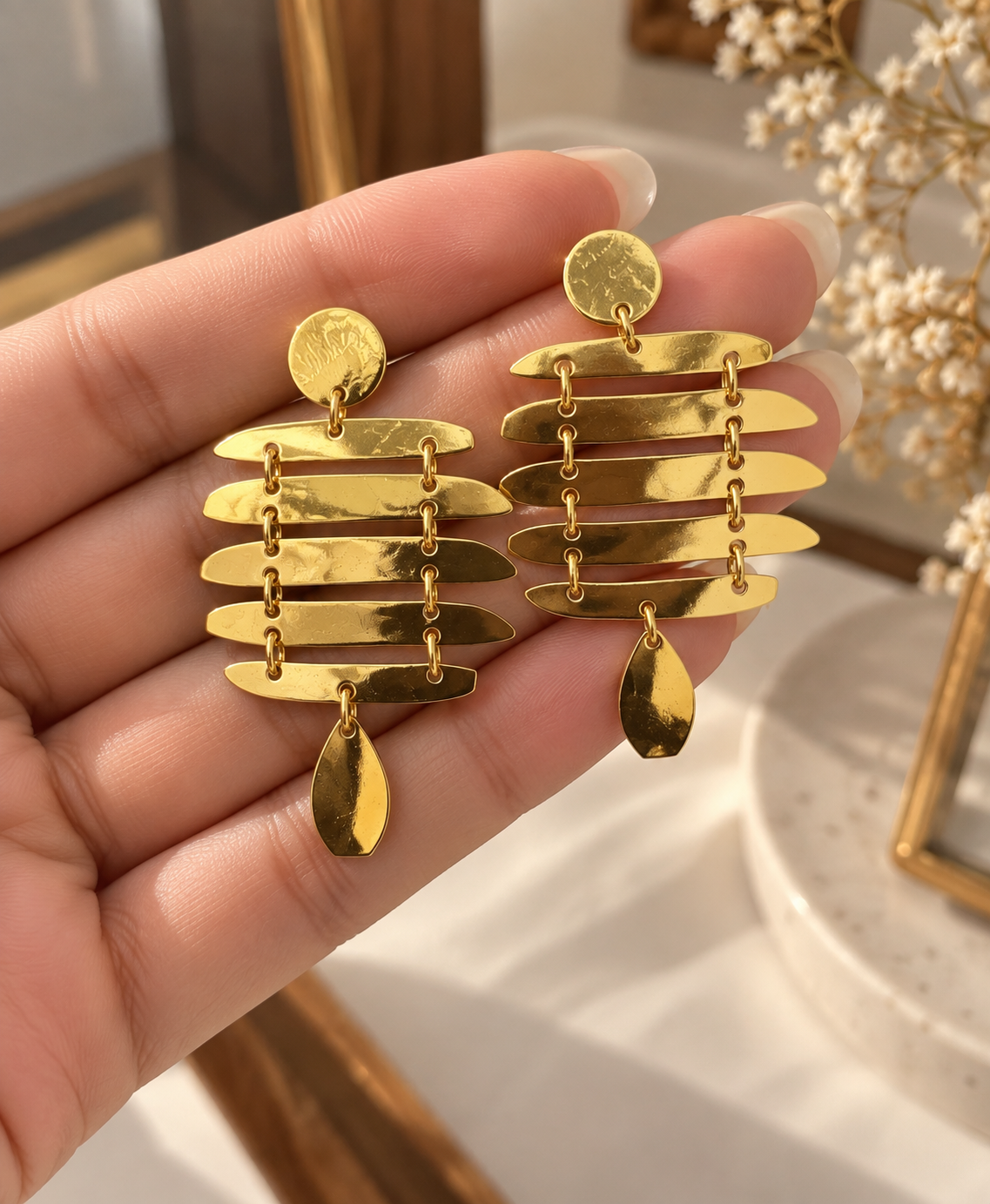 Wishberrie Aurelia Anti Tarnish Gold Statement Earrings for Women | Geometric Drop Earrings