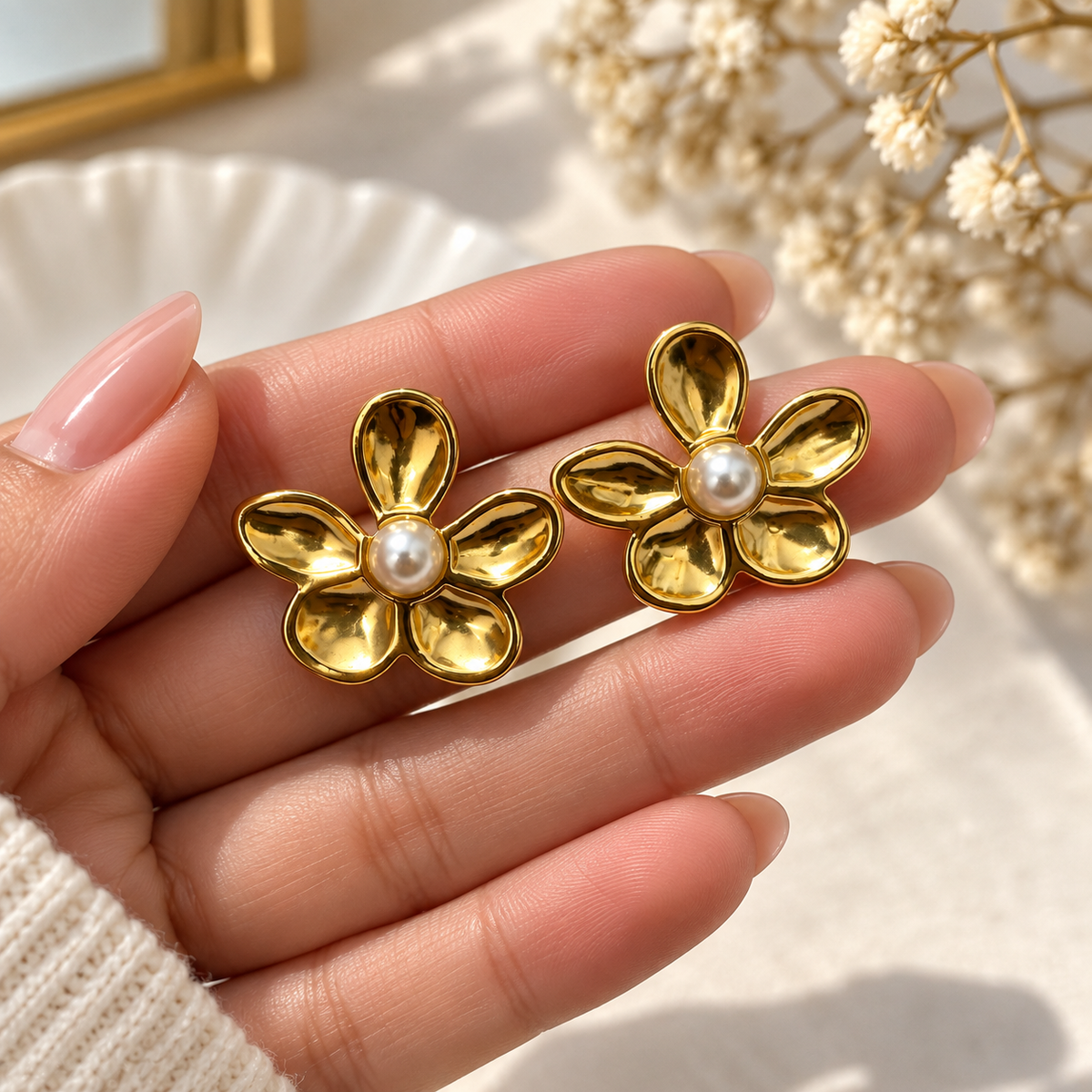 Anti Tarnish Gold Flower Stud Earrings with Pearl | Floral Earrings for Women
