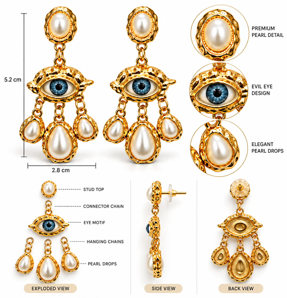 Gold Evil Eye Pearl Drop Earrings for Women | Statement Dangle Earrings