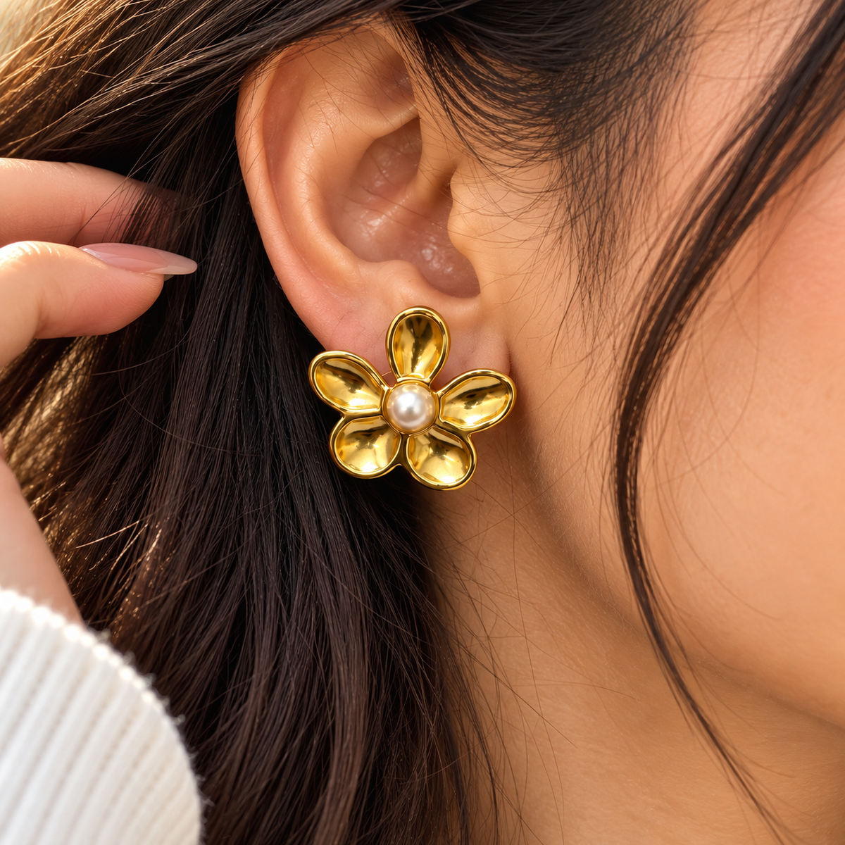 Anti Tarnish Gold Flower Stud Earrings with Pearl | Floral Earrings for Women