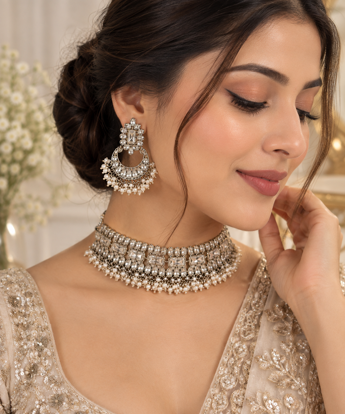 Silver Polki Statement Choker Necklace