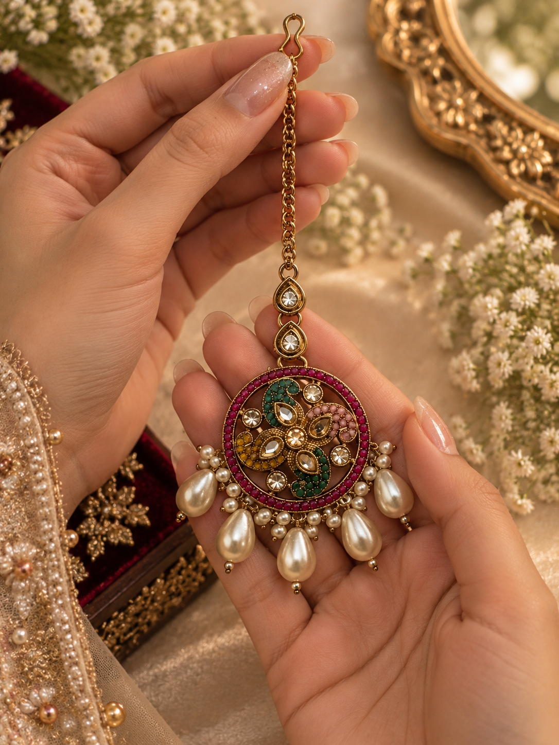 Multicolor Meenakari Pearl Maang Tikka