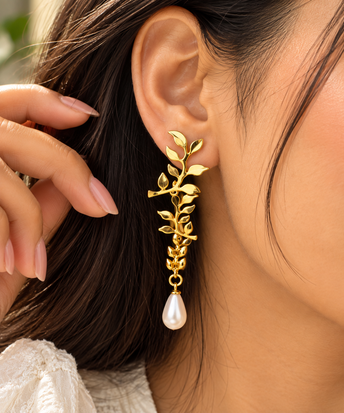 Liora Leaf Pearl Drops | Anti Tarnish Gold Drop Earrings for Women