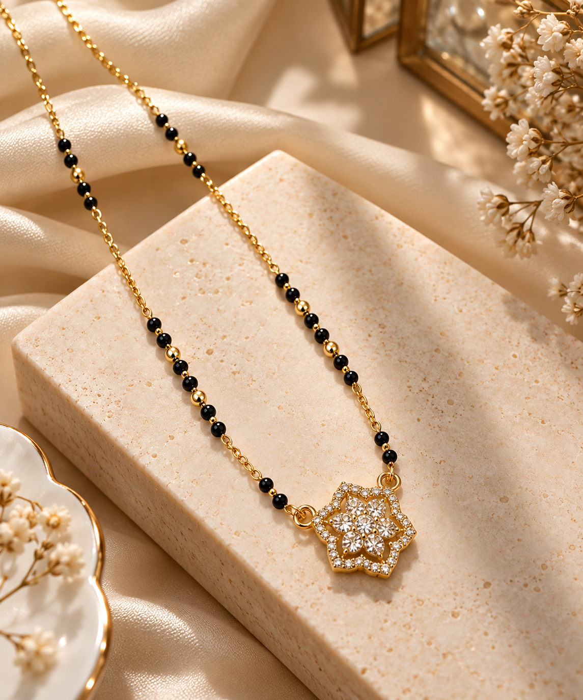 Gold Plated Mangalsutra for Women | Black Beaded Floral CZ Pendant Necklace