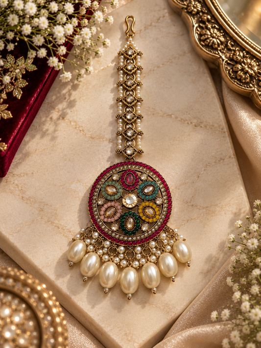 Multicolor Meenakari Pearl Statement Maang Tikka