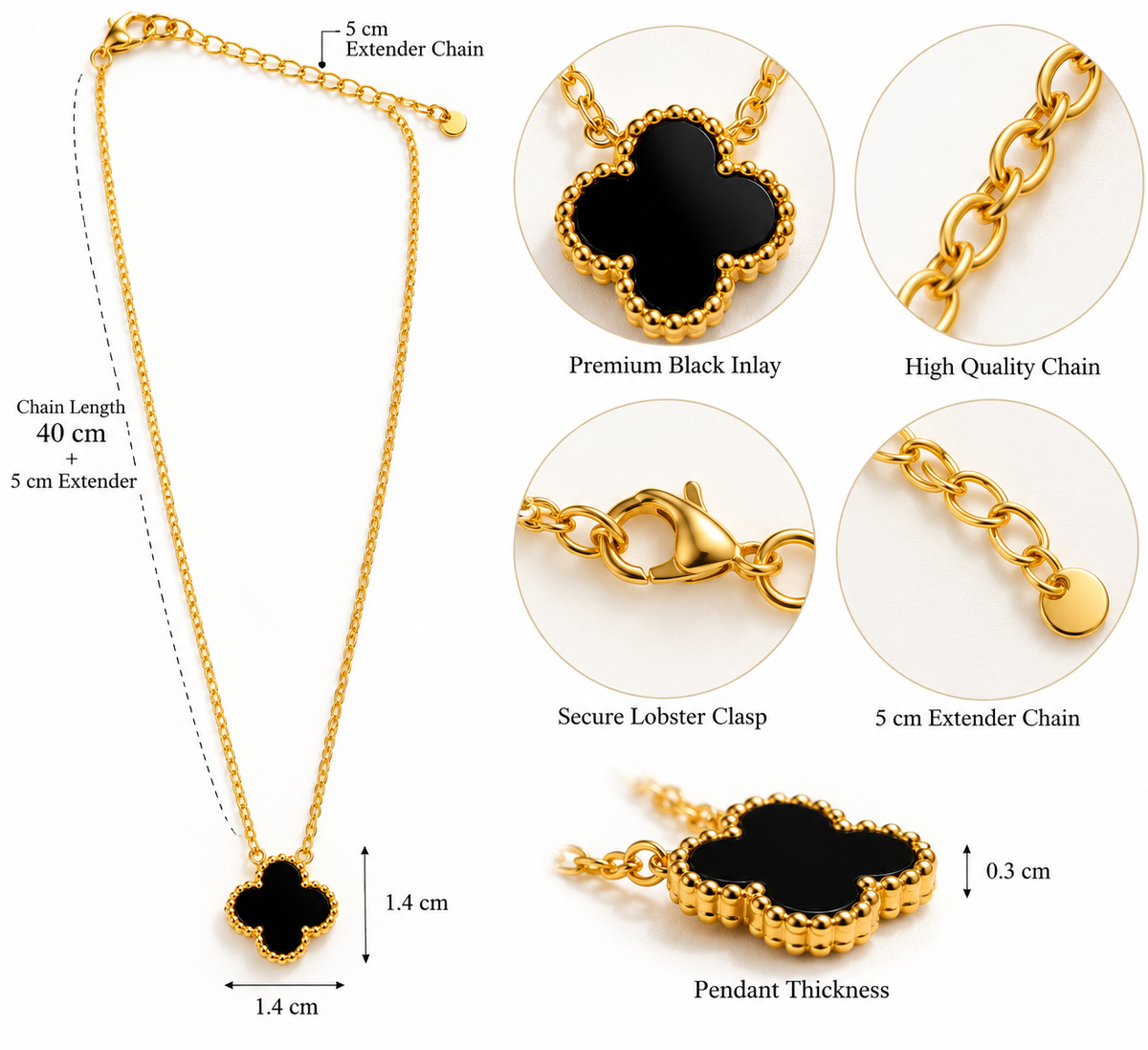 Black Clover Pendant Necklace for Women | Elegant Gold-Tone Statement Pendant