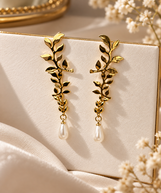 Liora Leaf Pearl Drops | Anti Tarnish Gold Drop Earrings for Women